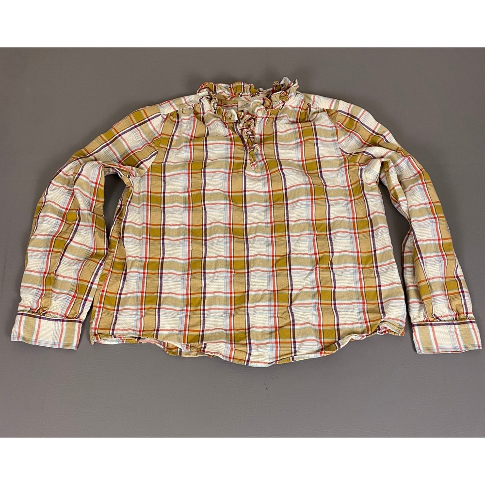 St. Johns Bay Women's Large Tan Plaid Ruffle Neck Long Sleeve Cotton Blouse Top